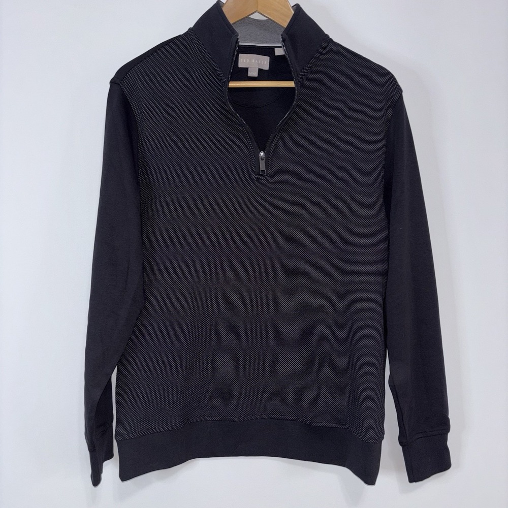 Ted Baker Black Quarter Zip Pullover Textured Knit Long Sleeve Sweater Size S